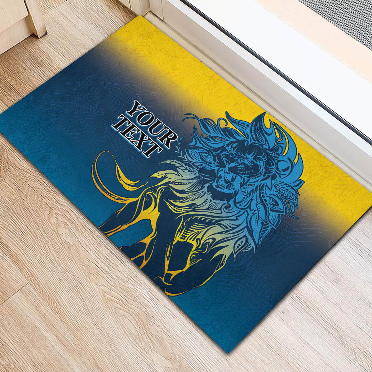 Blue rubber doormat with lion graphic, yellow-blue gradient and 'YOUR TEXT'