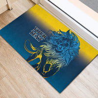 Blue rubber doormat with lion graphic, yellow-blue gradient and 'YOUR TEXT'