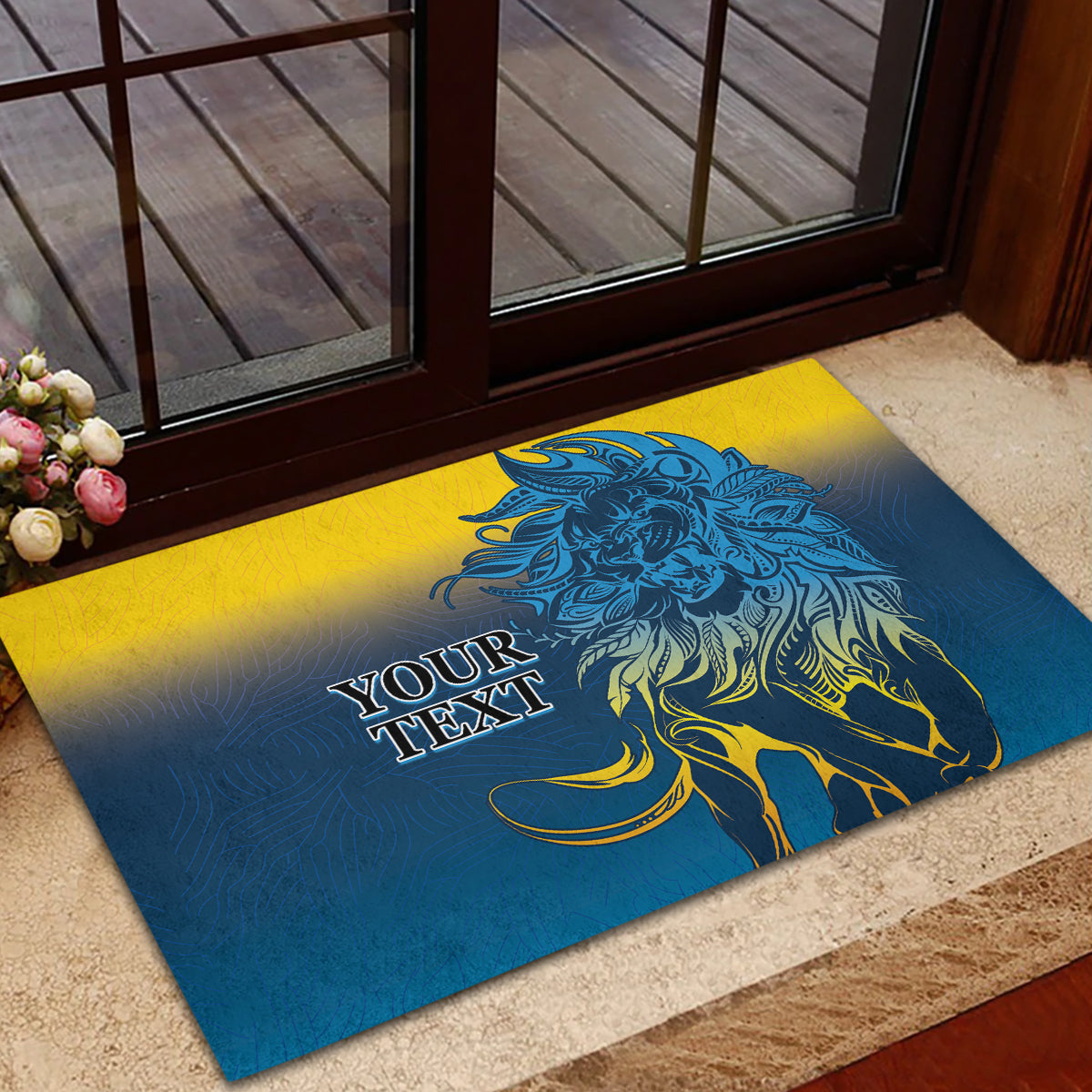 Blue rubber doormat with lion graphic and 'YOUR TEXT' lettering
