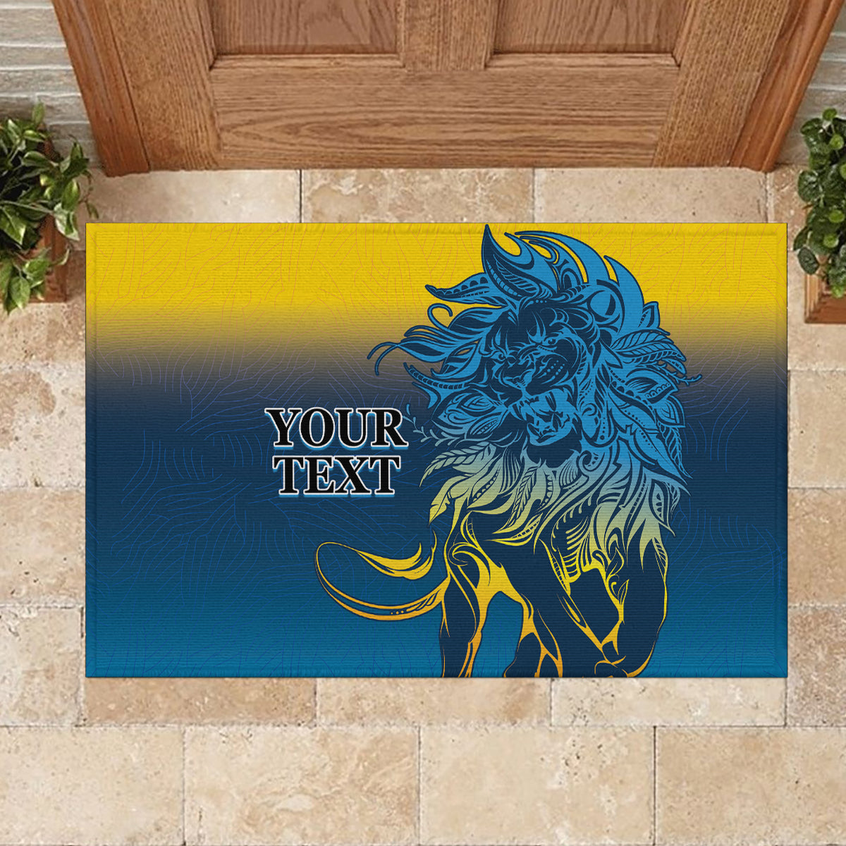Blue rubber doormat with lion head graphic and 'YOUR TEXT' text