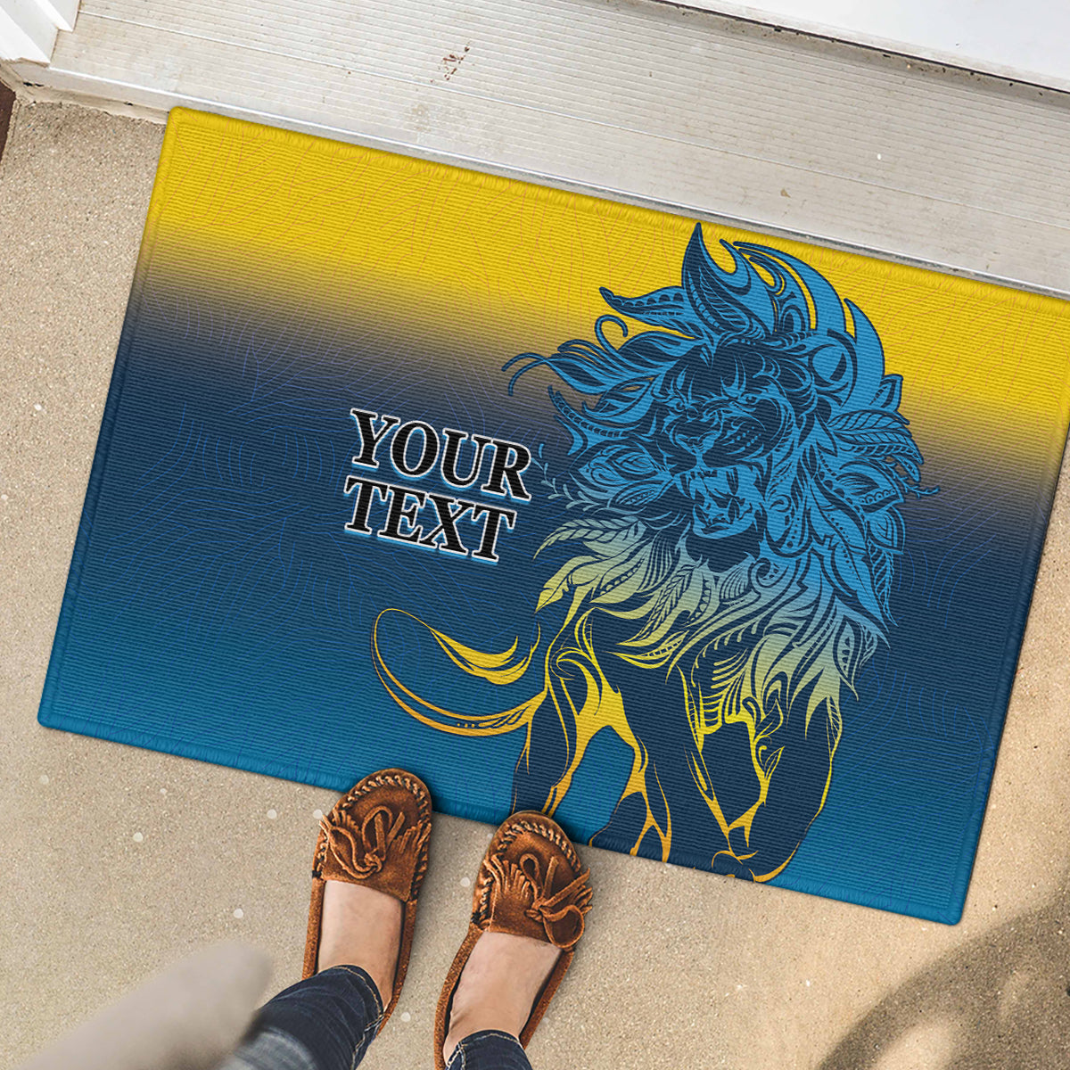 Blue rubber doormat with lion graphic and 'YOUR TEXT' lettering