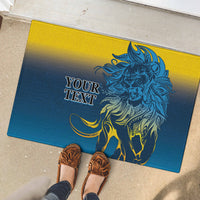 Blue rubber doormat with lion graphic and 'YOUR TEXT' lettering
