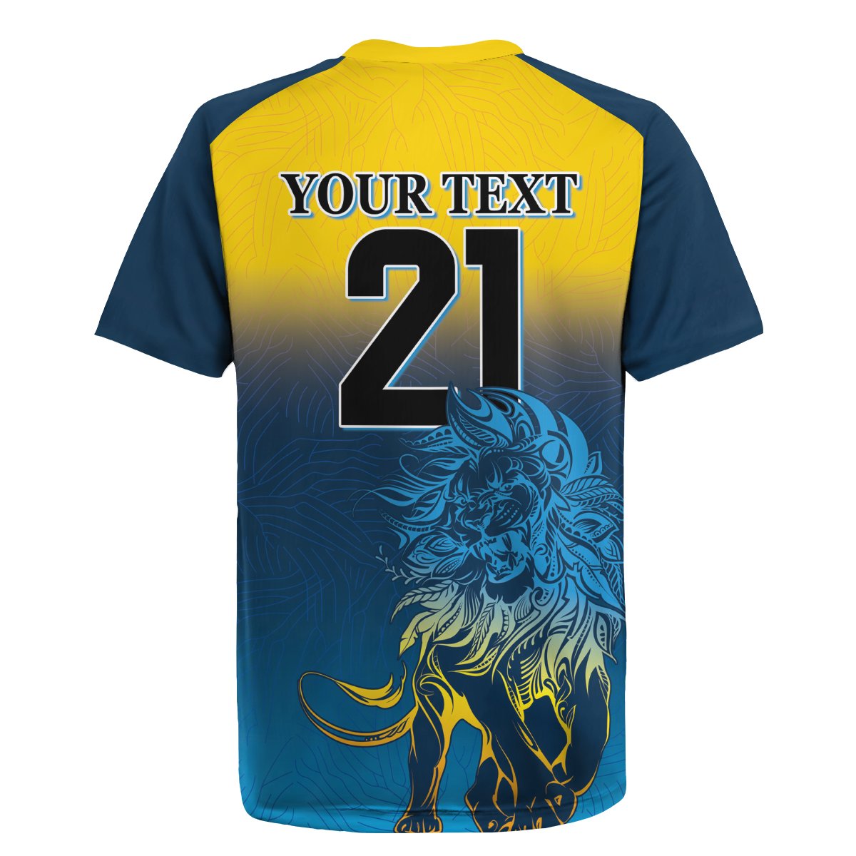 Sri Lanka rugby jersey back view with YOUR TEXT 21 and lion graphic, blue/yellow