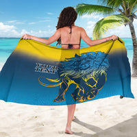 Blue and yellow lion sarong on back, custom text panel centered