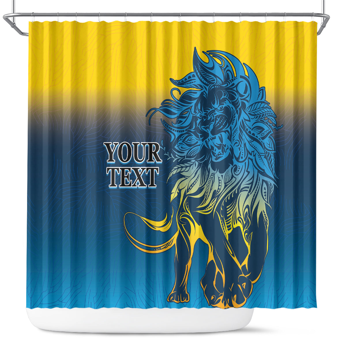 Shower curtain with blue lion graphic and yellow-to-blue gradient panel design