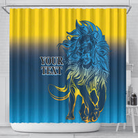 Shower curtain featuring a blue lion and yellow-to-blue ombre gradient print