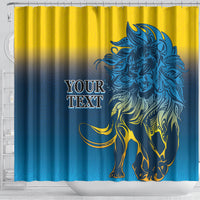 Shower curtain with large blue lion illustration and yellow top-to-blue bottom