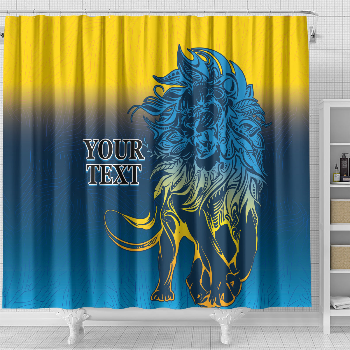 Shower curtain with blue lion graphic and yellow-to-blue gradient, front view