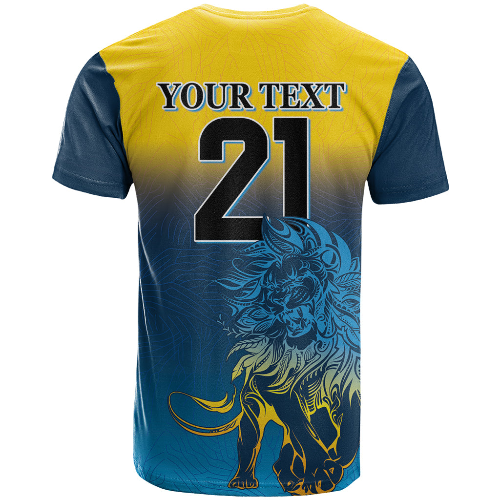 Lion graphic T-shirt with yellow-to-blue gradient, back print: YOUR TEXT 21