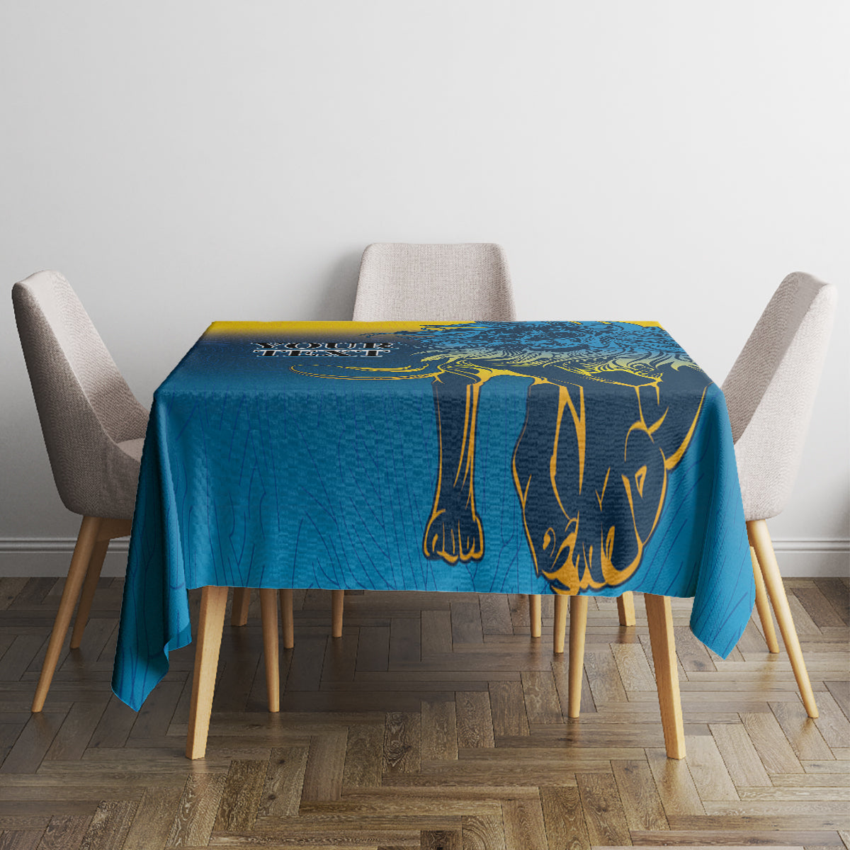 Blue square tablecloth with lion motif and yellow ornamented border