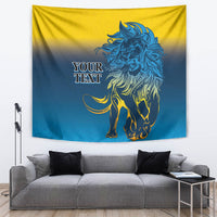 Lion tapestry wall hanging in blue and yellow gradient with centered "YOUR TEXT"