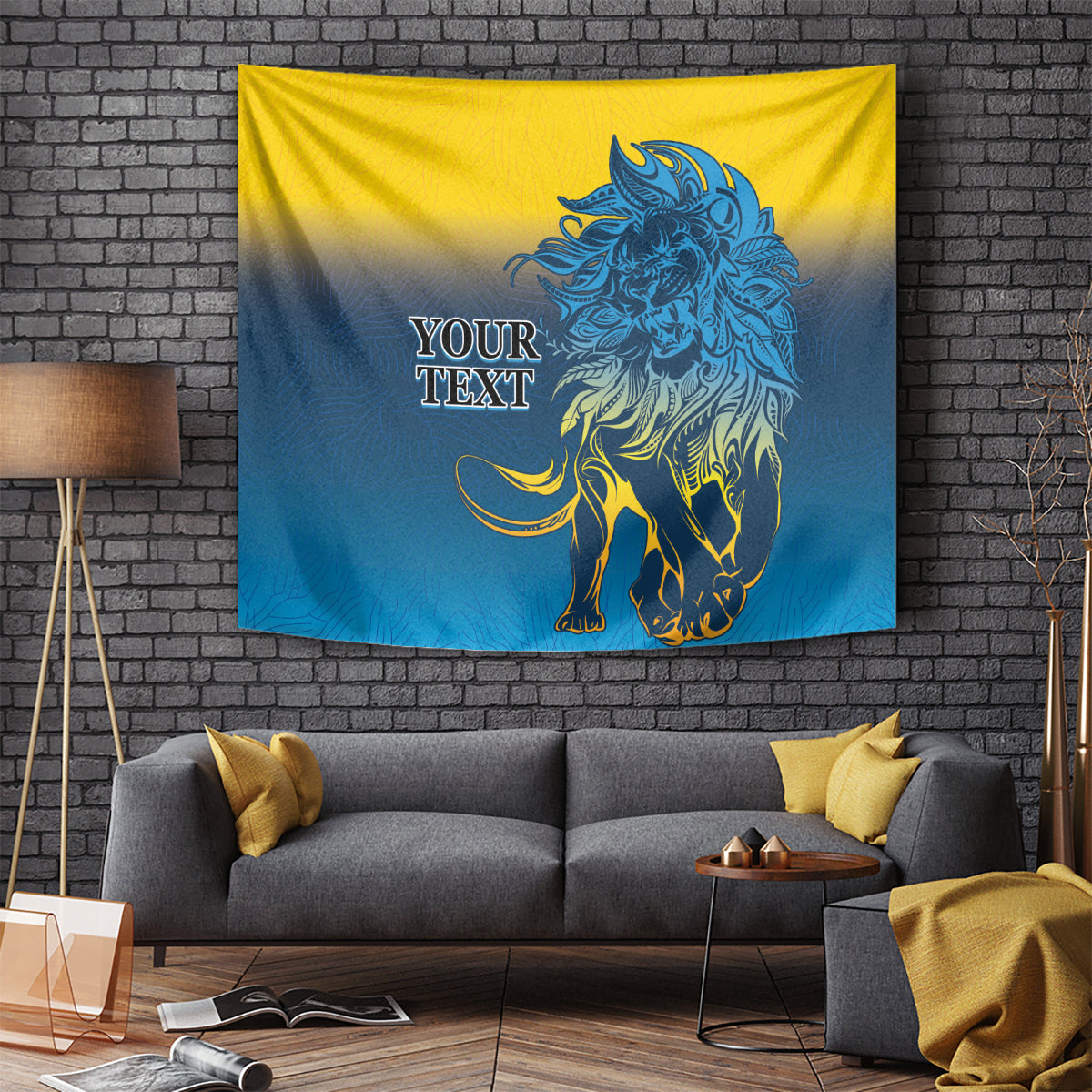 Lion tapestry wall hanging with blue lion illustration and "YOUR TEXT" lettering