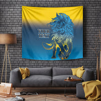 Lion tapestry wall hanging with blue lion illustration and "YOUR TEXT" lettering