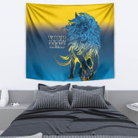Lion tapestry wall hanging with blue lion artwork and "YOUR TEXT" placeholder text