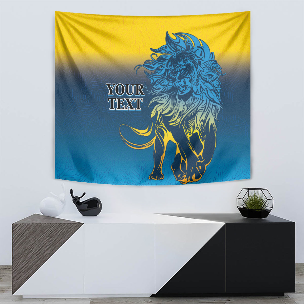 Lion tapestry wall hanging with blue-and-yellow lion design and "YOUR TEXT" placeholder