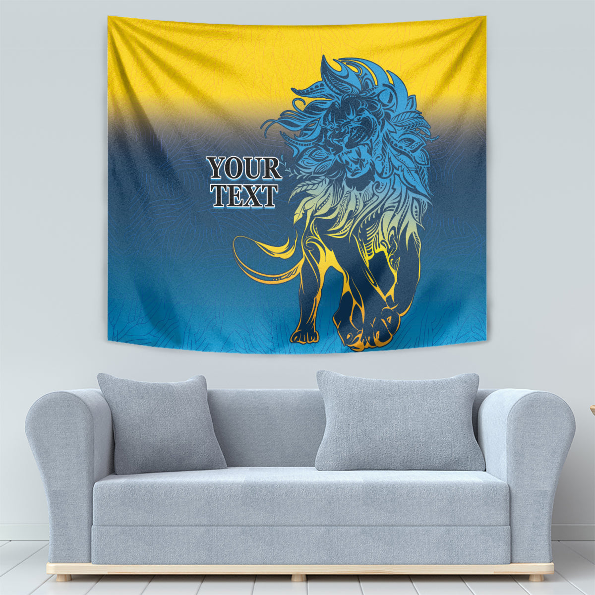 Lion tapestry wall hanging with blue and yellow gradient and placeholder text in center