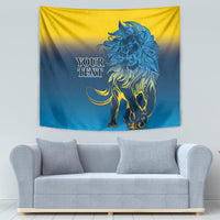 Lion tapestry wall hanging with blue and yellow gradient and placeholder text in center
