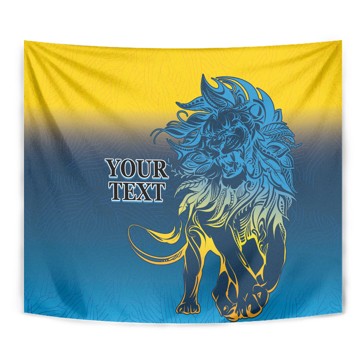 Lion tapestry wall hanging with detailed blue lion artwork and "YOUR TEXT" placeholder