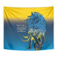 Lion tapestry wall hanging with detailed blue lion artwork and "YOUR TEXT" placeholder