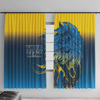 Blue and yellow gradient window curtain panel with detailed lion artwork in front