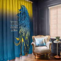 Blue and yellow lion patterned window curtains with a single tall lion motif