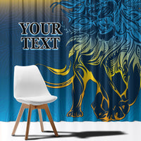 Lion face window curtain with blue and yellow gradient, cropped view