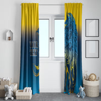 Blue and yellow lion window curtains hanging on a white door and frames