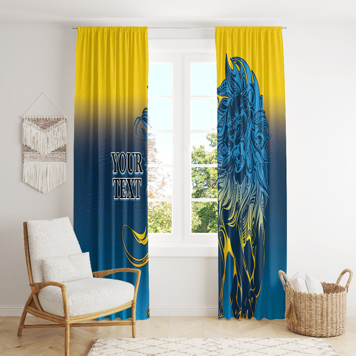 Blue and yellow lion patterned window curtains with doorway view