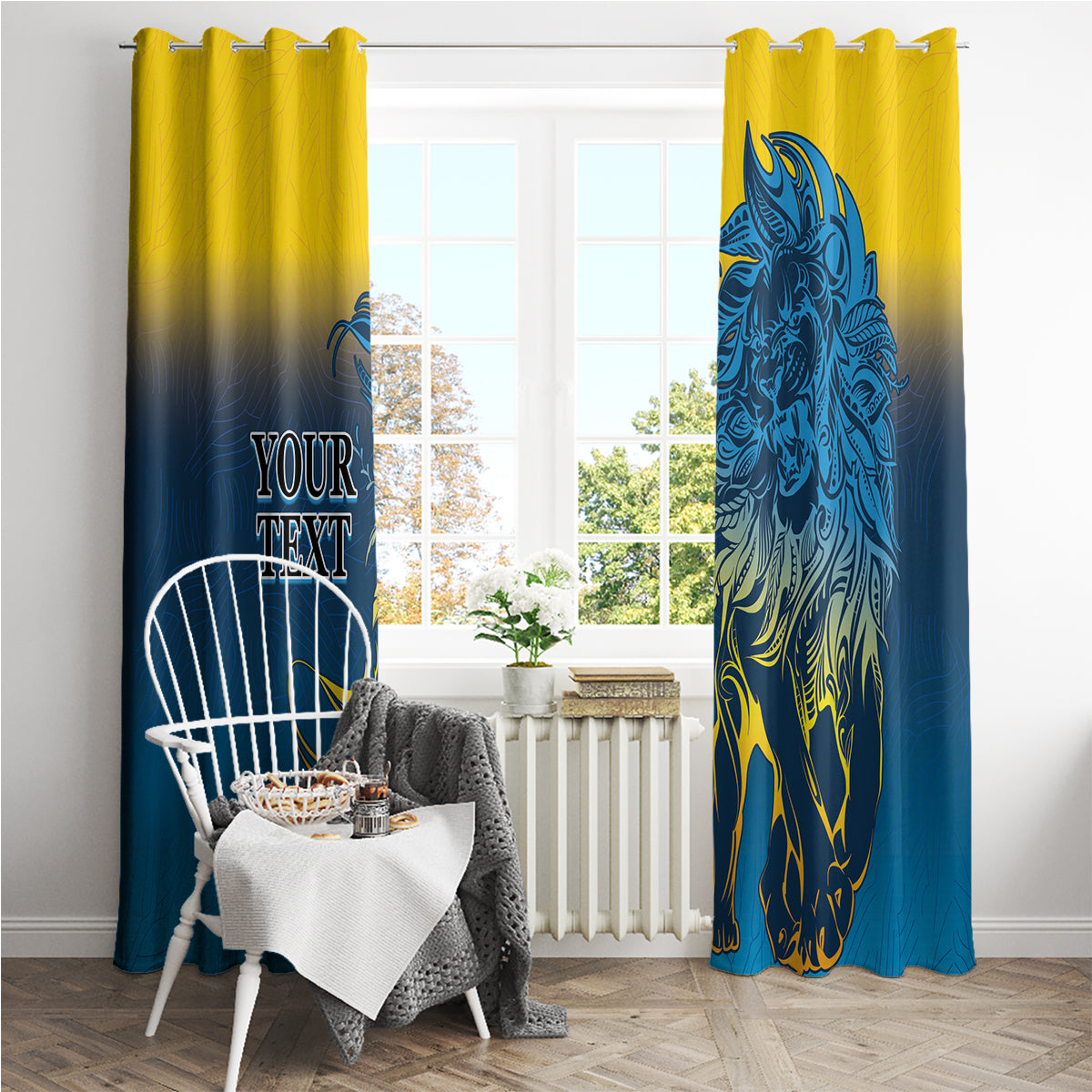 Blue and yellow lion window curtains with rod top and lion artwork details