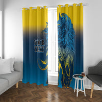 Blue and yellow lion window curtains with curtain rod and front lion print