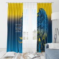 Pair of blue and yellow lion window curtains on a rod, full-room view