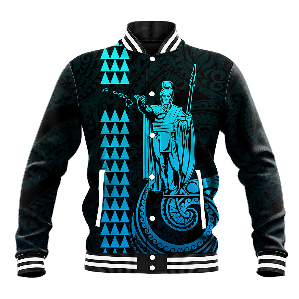 Baseball jacket in dark green and aqua with striped ribbed collar, cuffs, and front buttons