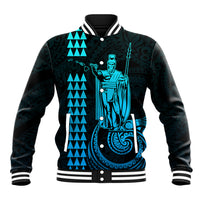 Baseball jacket in dark green and aqua with striped ribbed collar, cuffs, and front buttons
