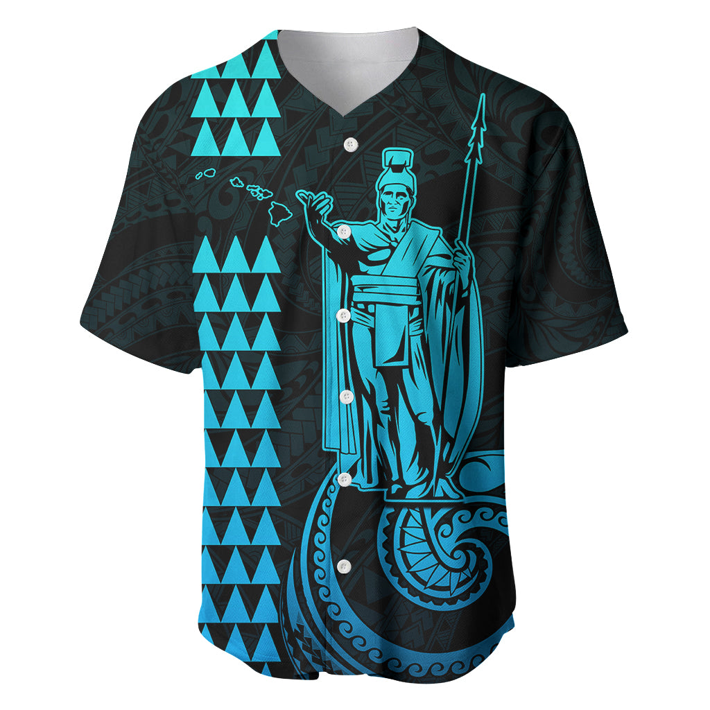 Dark navy Hawaiian baseball jersey with aqua V-neck buttons and Kamehameha-style graphic