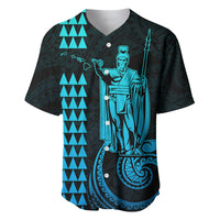 Dark navy Hawaiian baseball jersey with aqua V-neck buttons and Kamehameha-style graphic