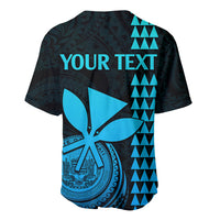 Dark navy Hawaiian baseball jersey with aqua YOUR TEXT and sail/feather graphic