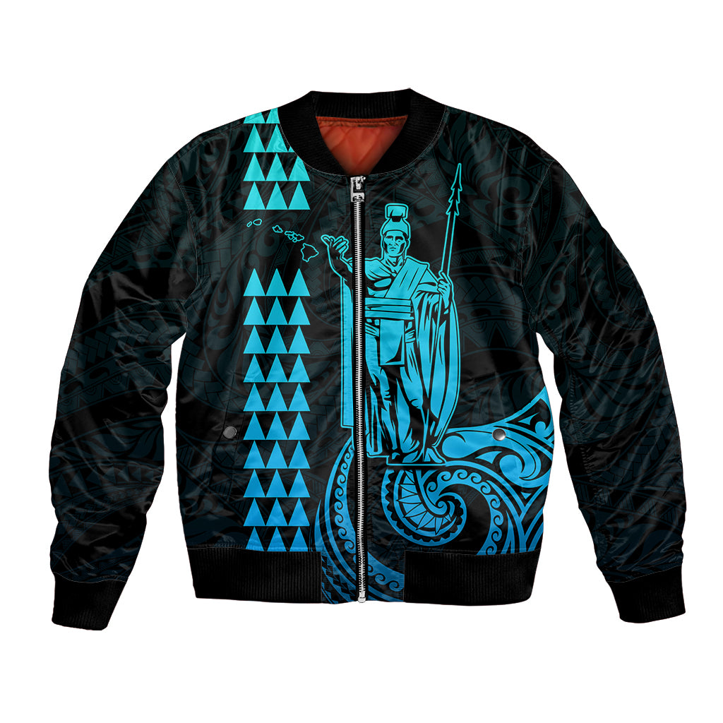 Black bomber jacket with aqua front graphic and full zipper