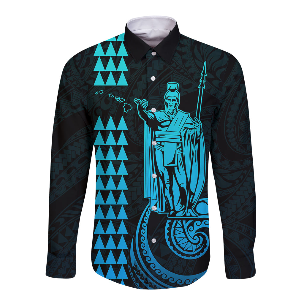 Aqua-accent long sleeve button shirt with king Kamehameha style front graphic