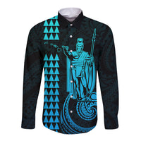 Aqua-accent long sleeve button shirt with king Kamehameha style front graphic
