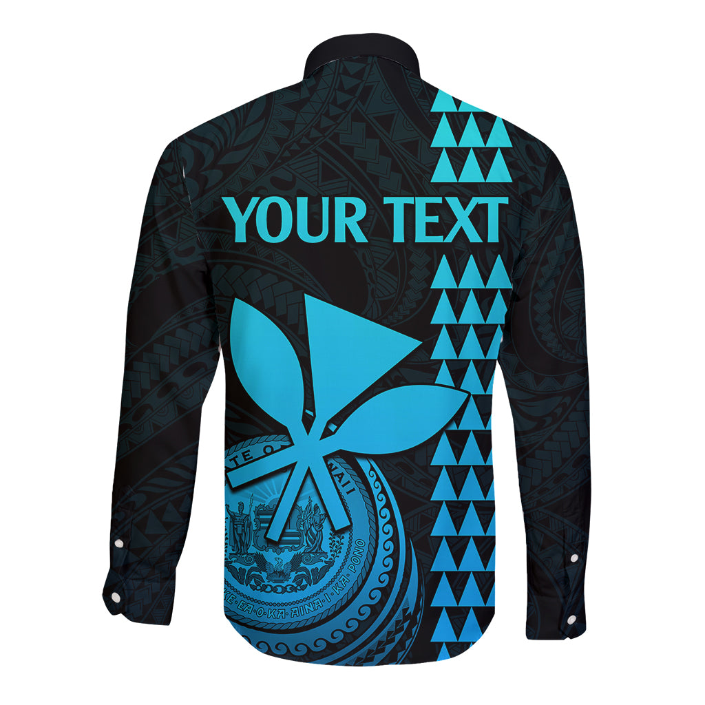 Aqua-accent long sleeve button shirt, back with 'YOUR TEXT' and swirl graphic