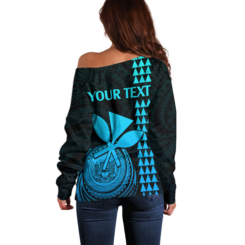 Women’s dark teal off-shoulder sweater, back text area says 'YOUR TEXT' in aqua