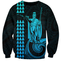 Unisex crewneck sweatshirt on dark base with aqua warrior portrait and spear graphic