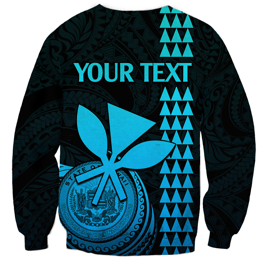 Unisex crewneck sweatshirt, dark base with 'YOUR TEXT' and large aqua circular emblem