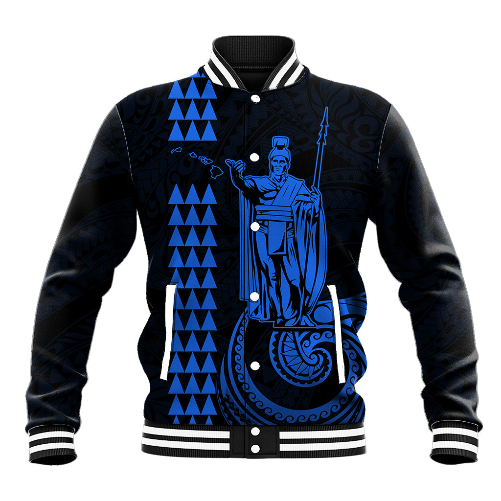Blue and black baseball jacket with snap front, striped collar, graphic front design
