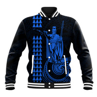 Blue and black baseball jacket with snap front, striped collar, graphic front design