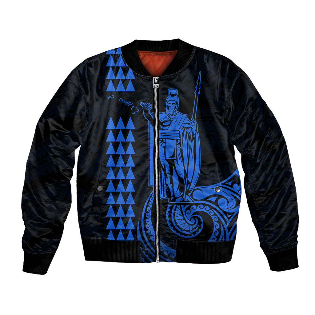 Blue bomber jacket with front zipper, blue tribal figure and patterned graphics