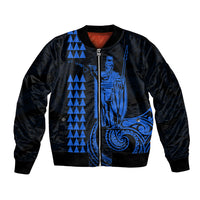 Blue bomber jacket with front zipper, blue tribal figure and patterned graphics