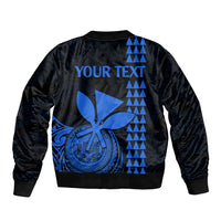 Black bomber jacket back print with YOUR TEXT, blue geometric triangles and emblem