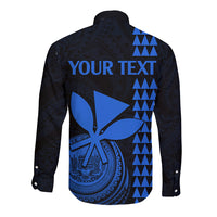 Dark blue long-sleeve button-up shirt with bold blue back graphic and geometric triangles