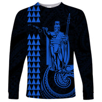 Unisex long-sleeve shirt in dark navy with blue king portrait and geometric stripe graphic
